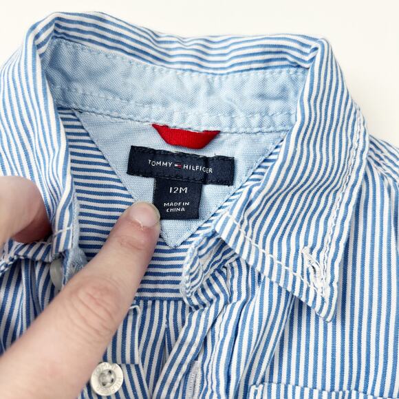[Tommy Hilfiger] Blue White Striped Button Down Dress Shirt Cotton Size 12M Boys - Picture 5 of 5
